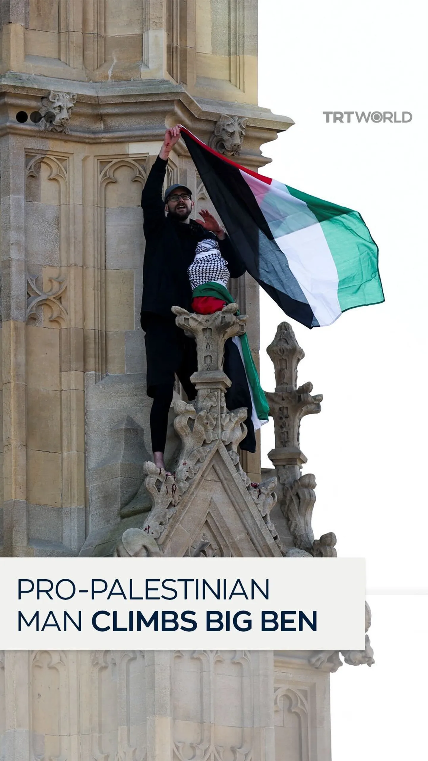 یو مظاهره کوونکی د لندن د بیګ بین برج ته وخوت او هلته یې د ۱۶ ساعتونو لپاره د فلسطین بیرغ ځوړند کړ.